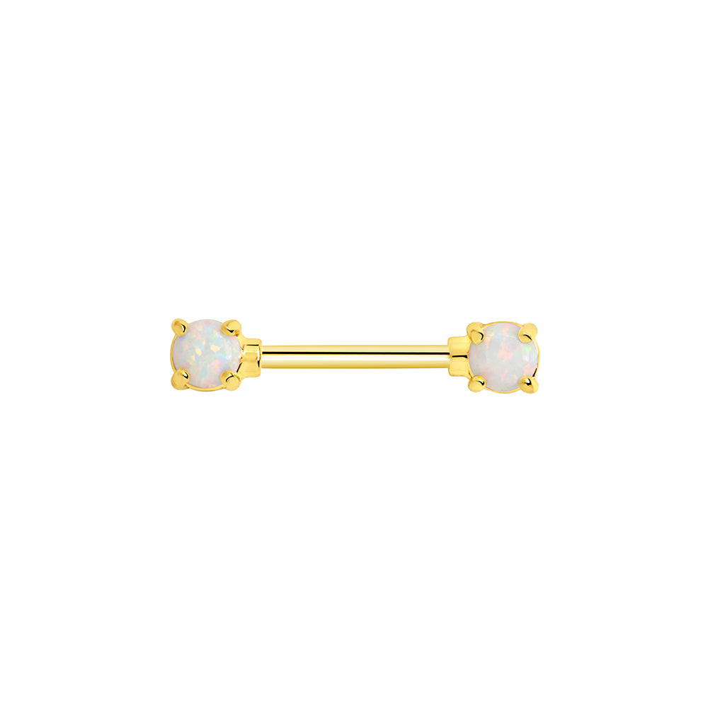14g 9/16” Gold-Plated Straight Barbell Nipple Ring with Opal Ends — Price Per 1