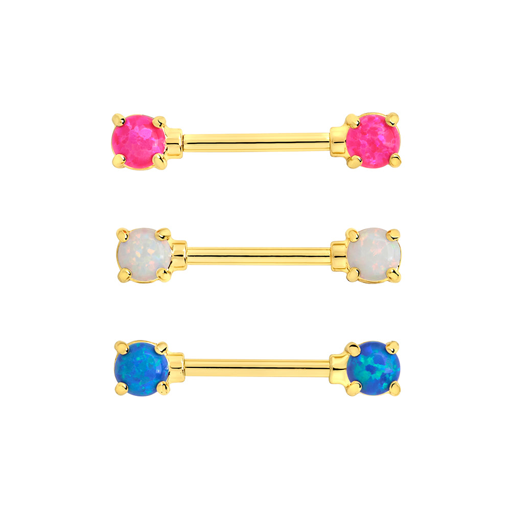 14g 9/16” Gold-Plated Straight Barbell Nipple Ring with Opal Ends — Price Per 1