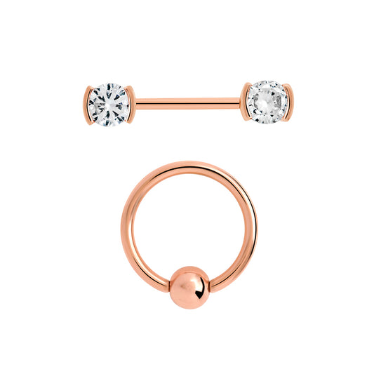 14g PVD Rose Gold Nipple Jewelry Set — Bezel-Set Crystal Jeweled Straight Barbells and Captive Bead Rings