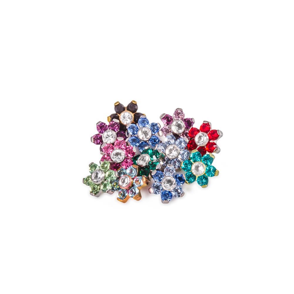 Tilum 14g-12g Internally Threaded Titanium Jewel Flower Top with Crystal Center - Choose Petal Jewel Color - Price Per 1