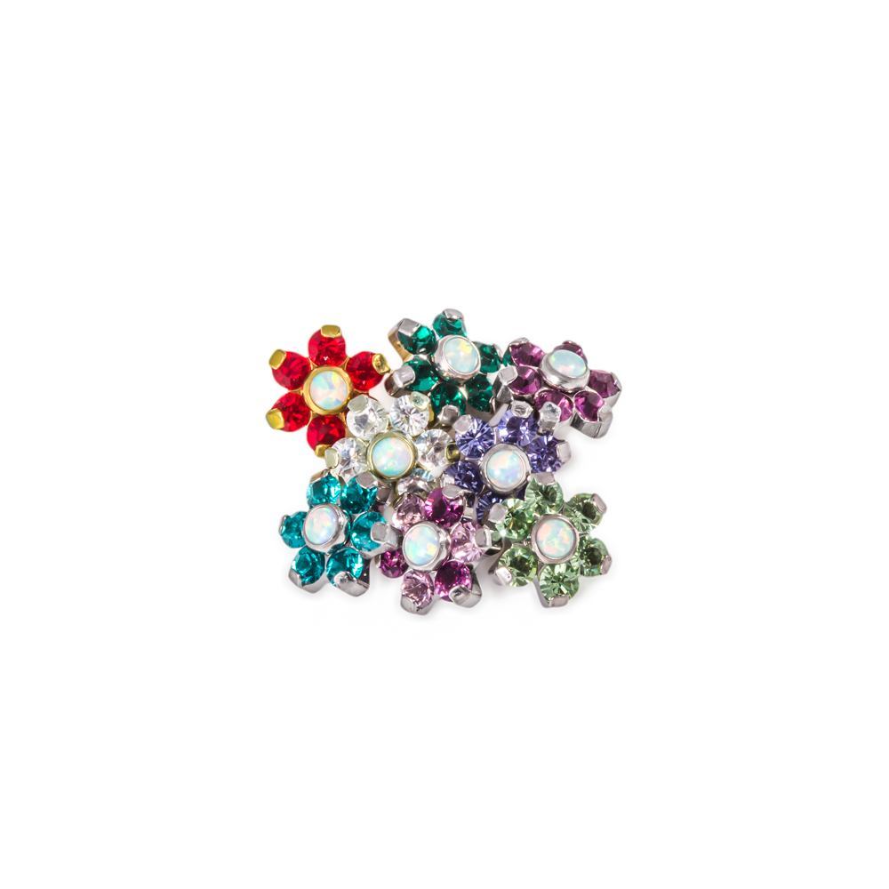 Tilum 14g-12g Internally Threaded Titanium Flower Top with White Opal Center - Choose Petal Jewel Color - Price Per 1