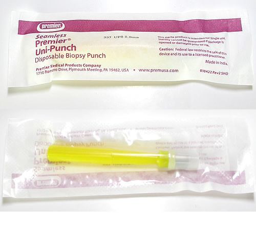 Yellow version of the seamless dermal punch in sterilized blister packaging