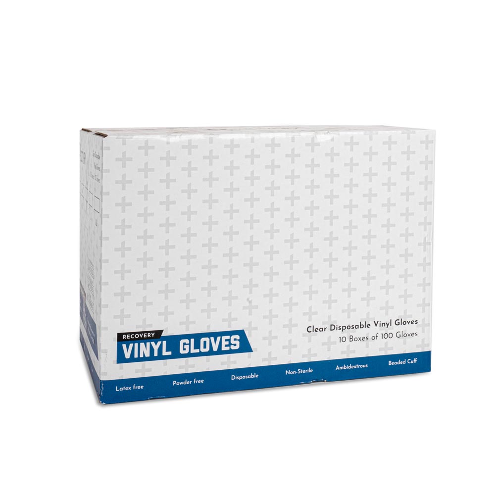 Recovery Clear Disposable Vinyl Gloves — Box of 100 (With case)