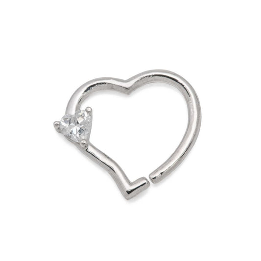 Tilum 16g 14kt White Gold Heart Bendable Ear Jewelry with Crystal Heart Jewel - Left-Facing - Price Per 1