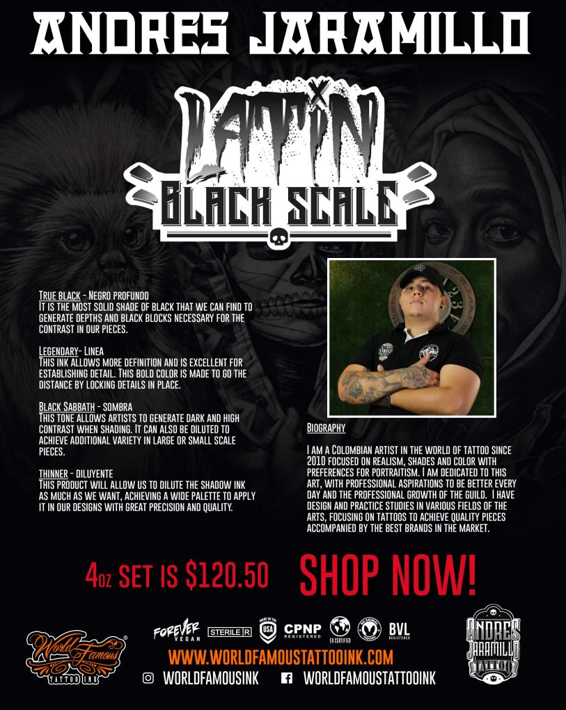 Andres Jaramillo 4 Bottle Latin Black Scale Set — World Famous Tattoo Ink — 4oz
