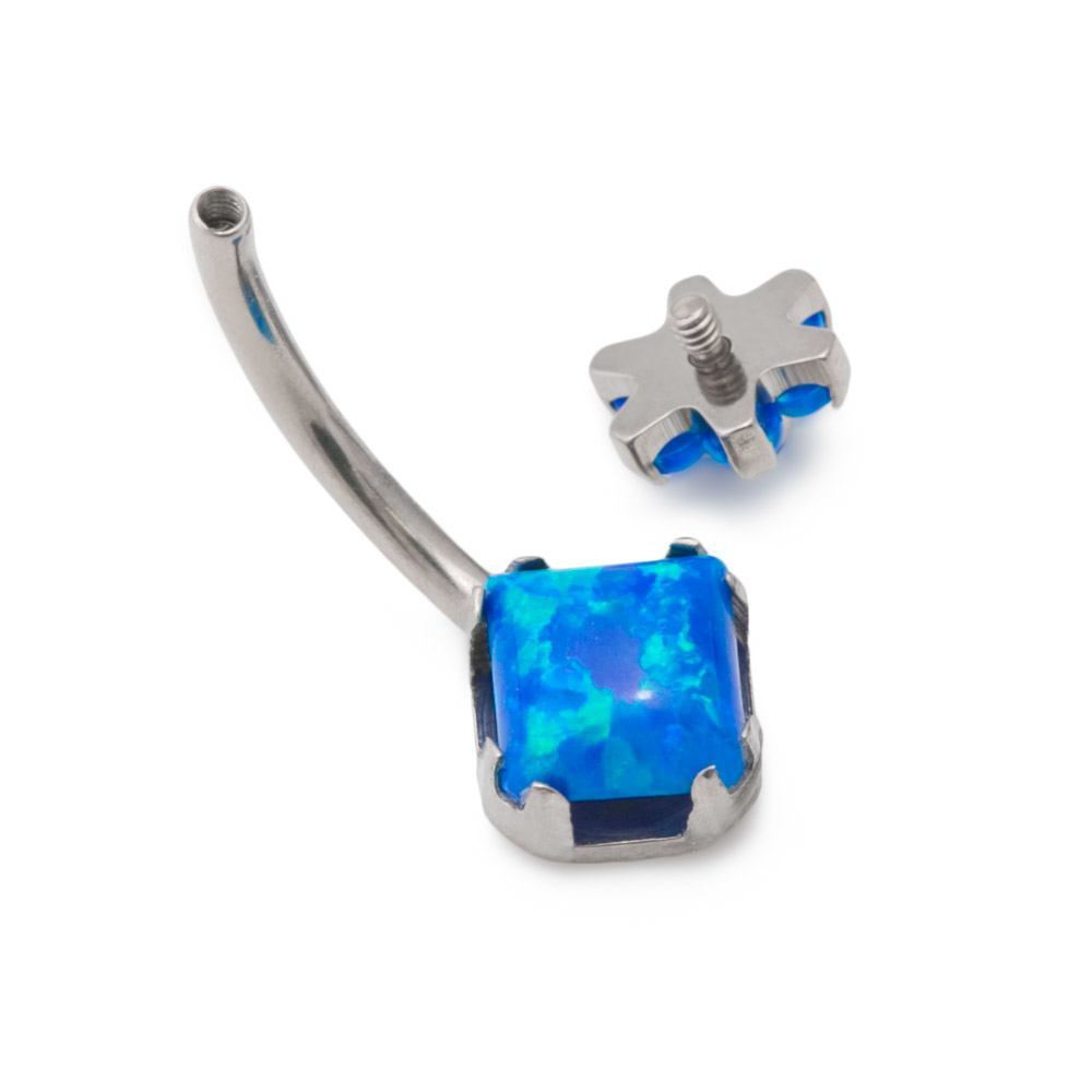 14g 7/16” Internally Threaded Princess-Cut Opal Steel Belly Button Ring with Opal Flower Top — Dark Lapis Side View