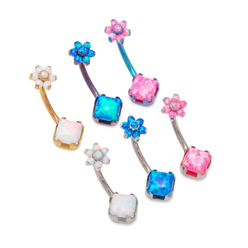 14g 7/16” Internally Threaded Princess-Cut Opal Steel Belly Button Ring with Opal Flower Top — Dark Lapis Top Threaded Off