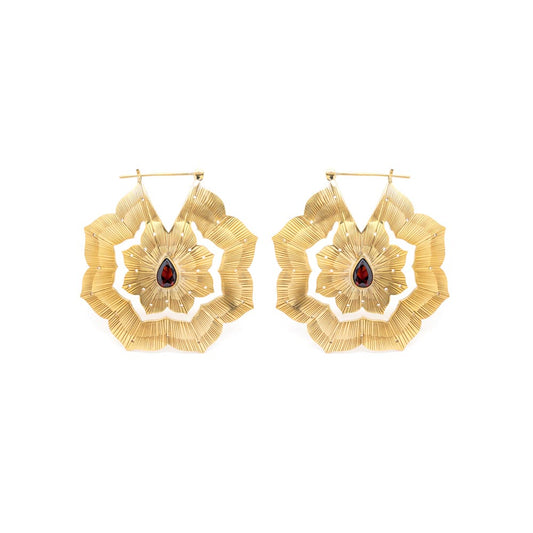 16g Polished Brass Red Jeweled Clematis Earrings shown as pair