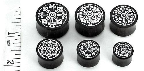 Dharma Circle Design on Black Areng Wood Plug Wholesale Organic Jewelry 14mm-24mm - Price Per 1