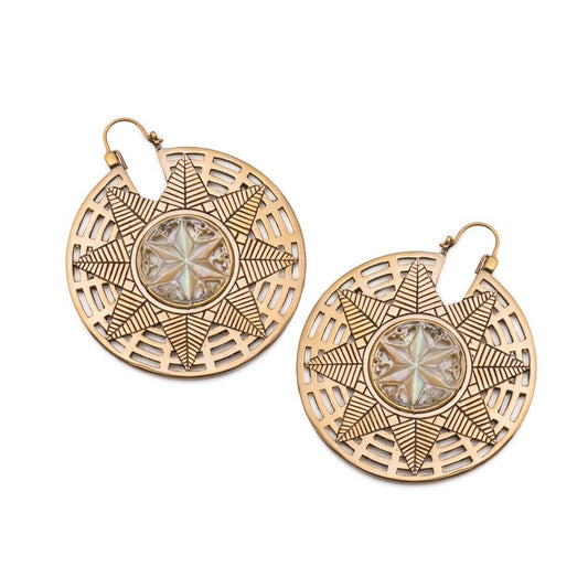 18g Star-Patterned Brass Earrings with Mother of Pearl Inlay