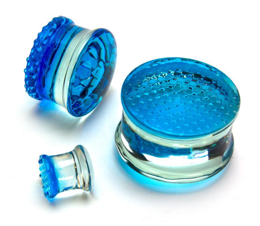 BLUE Honey Comb Glass Double Flare Plugs Price Per 1