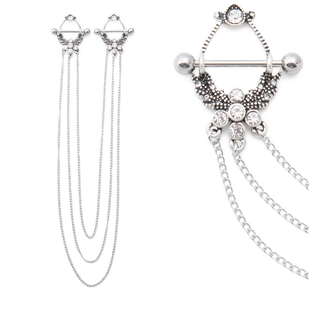 14g Jeweled Laurel Chained Steel Nipple Shield Jewelry — Price Per Set