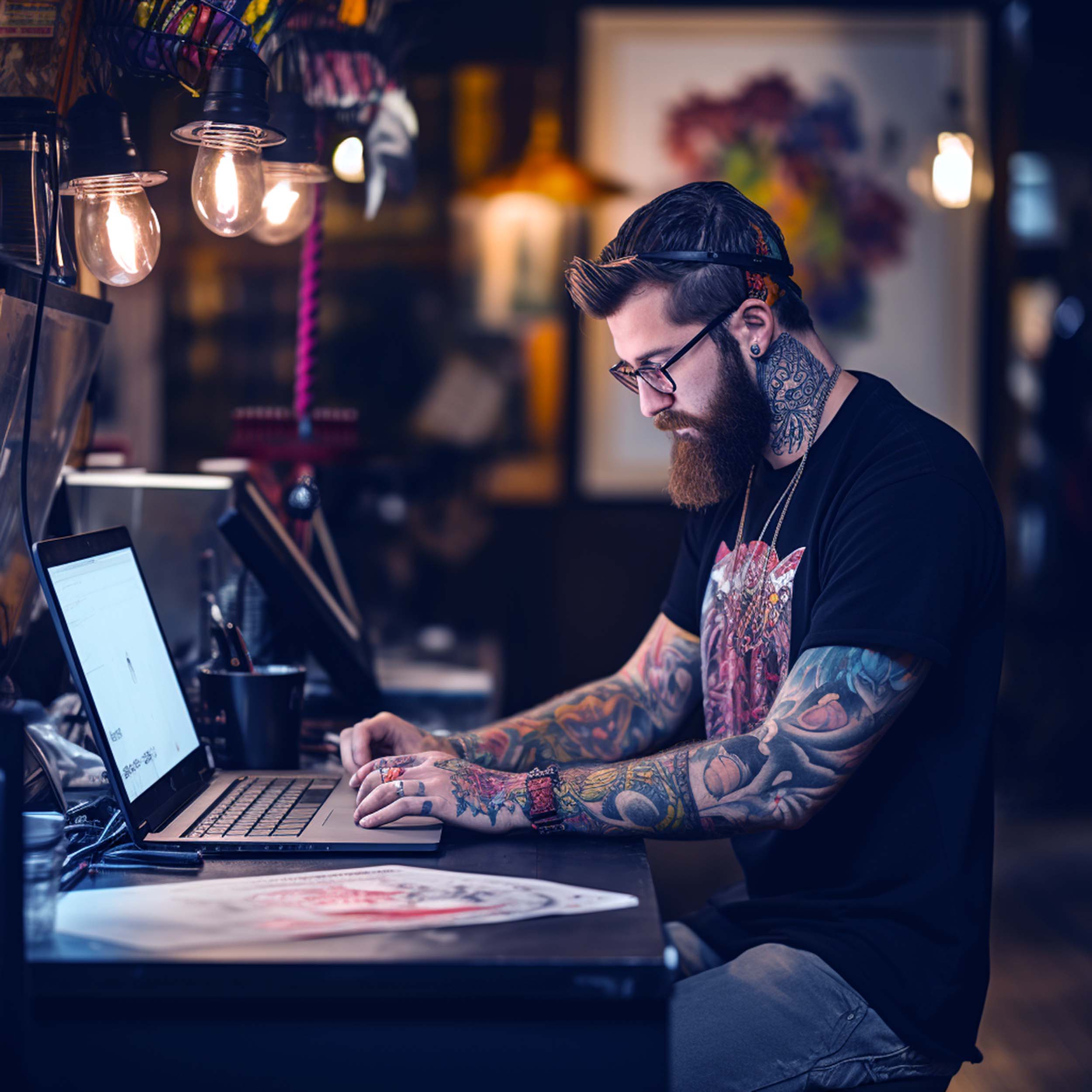 Tattoo artist at laptop 5 Ways Tattoo Artists Can Use AI