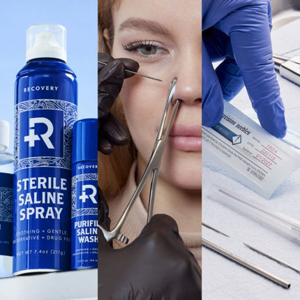 Collage of piercing aftercare and piercing client