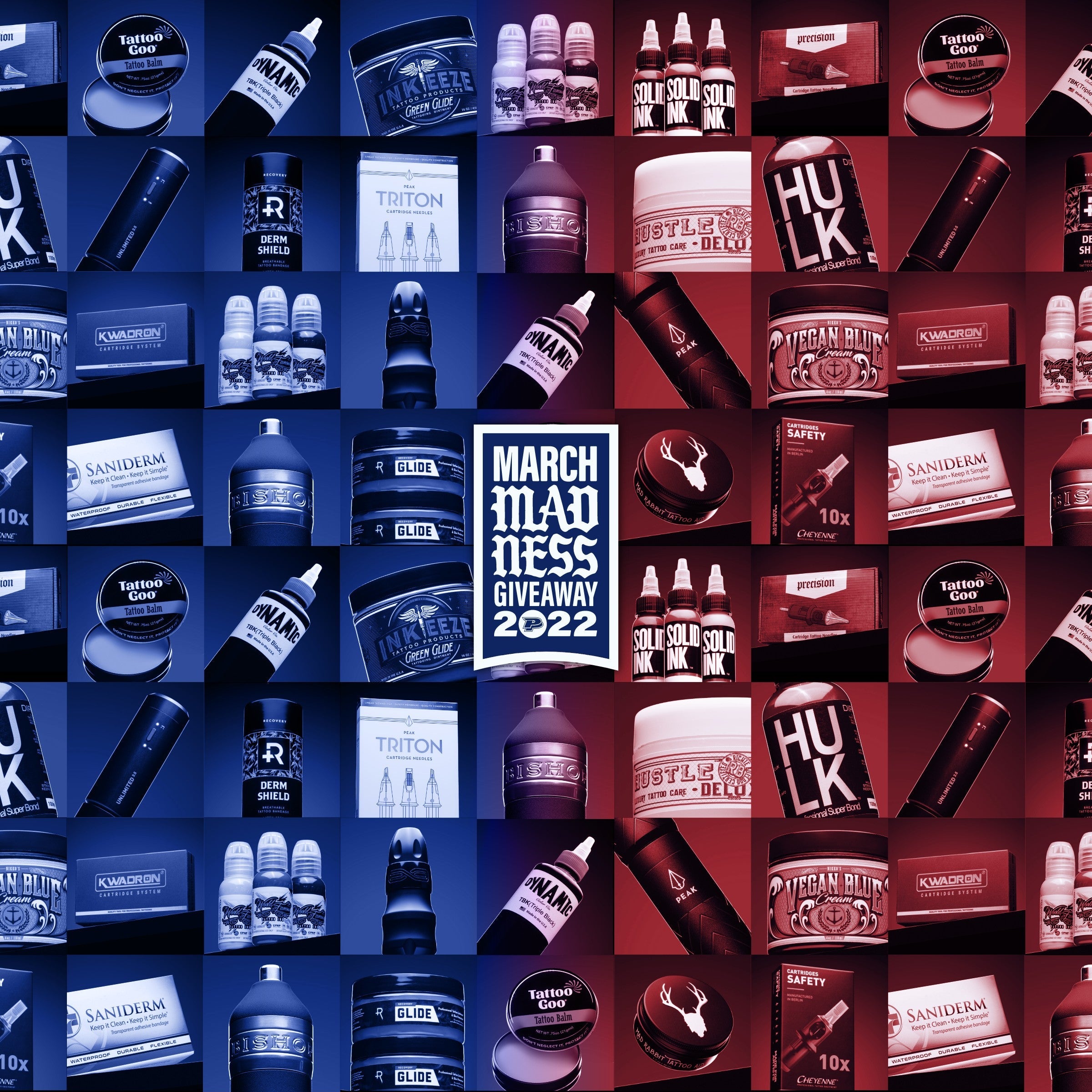 Red and blue conglomeration of all tattoo products competing against each other in the March Madness Giveaway 2022 March Madness Sale 2022: Save on the Best Brands