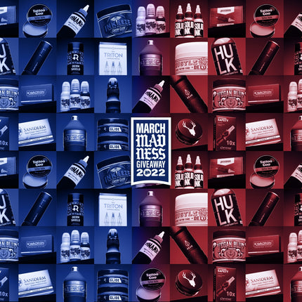Red and blue conglomeration of all tattoo products competing against each other in the March Madness Giveaway 2022