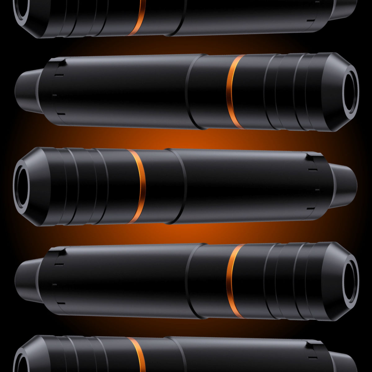 Series of Cheyenne Hawk Unio pens stacked on top one another with a black and orange background