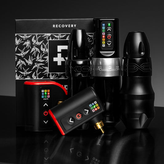 FK Irons tattoo machines and LightningBolt battery packs with Recovery Derm Shield