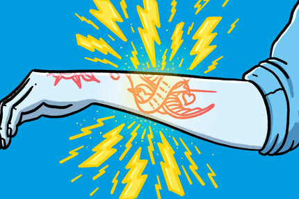 illustrated tattooed forearm with lightning bolts radiating the area