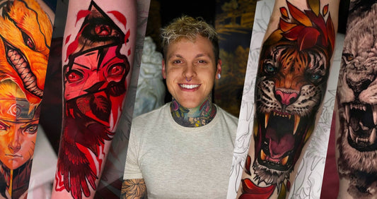 Tattoo artist Brett Bloom framed by his bold, colorful tattoos