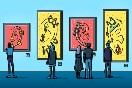 Illustration of a gathering of people at a museum featuring curated ear photos