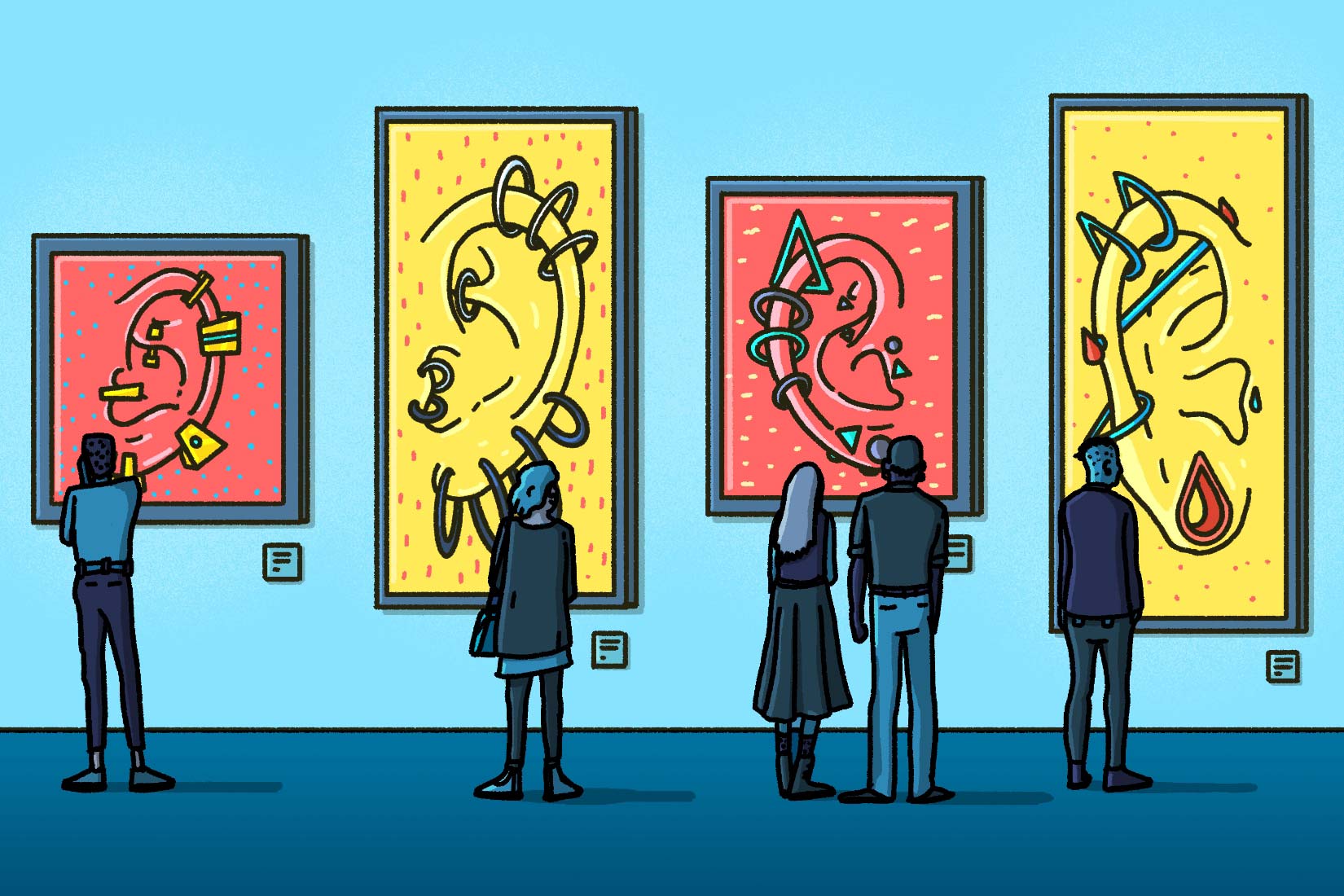 Illustration of a gathering of people at a museum featuring curated ear photos Inner Ear Piercings: How to Build Your Own