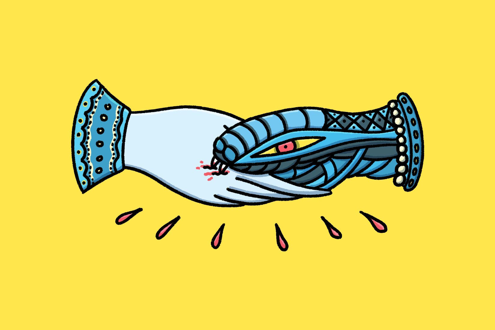 illustrated snake hand shake on yellow background Do Hand Tattoos and Finger Tattoos Hurt?
