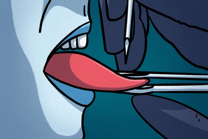 illustrated tongue clamped with forceps for a piercing procedure