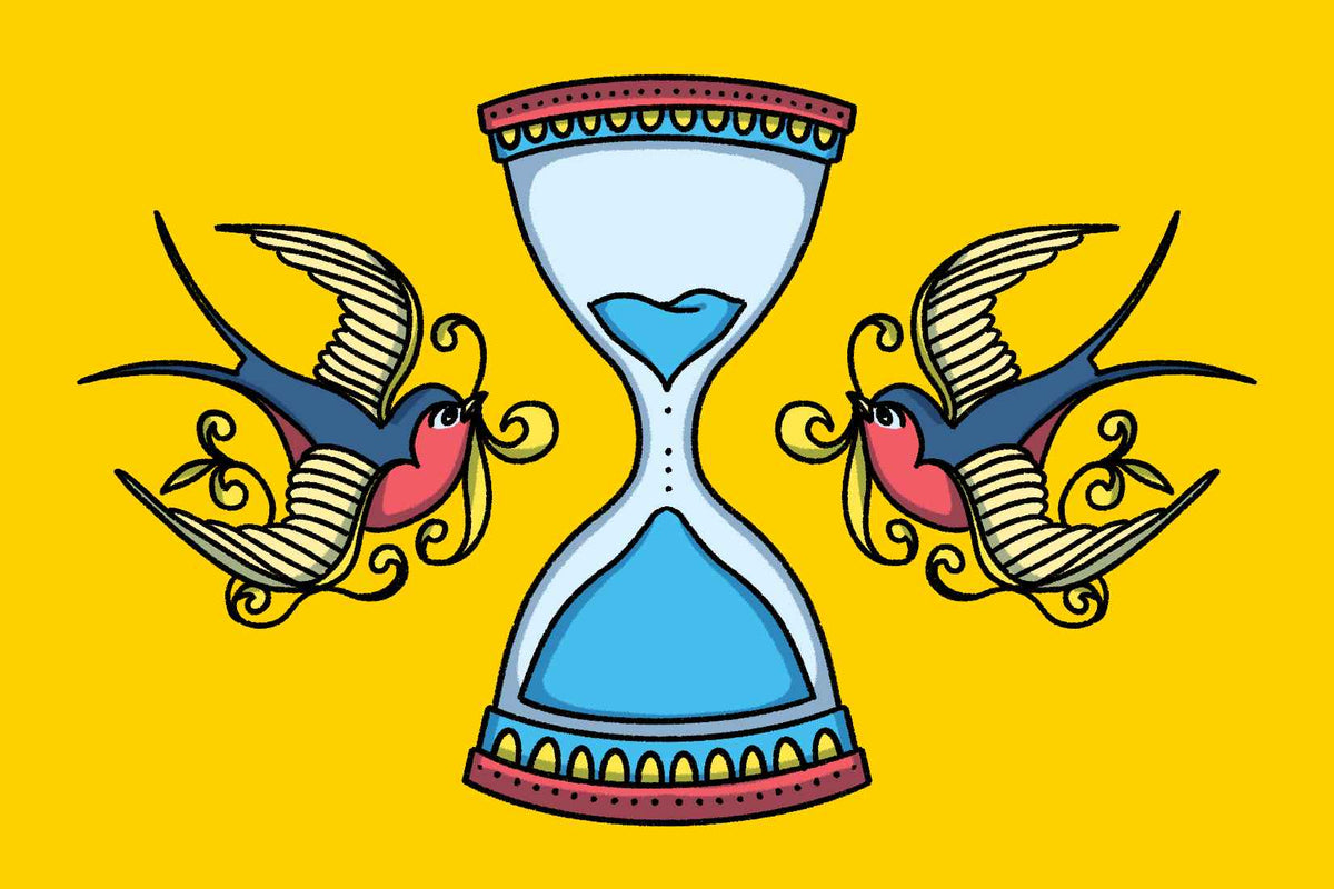Illustration of hourglass with American Traditional sparrows to convey wait time between tattoos