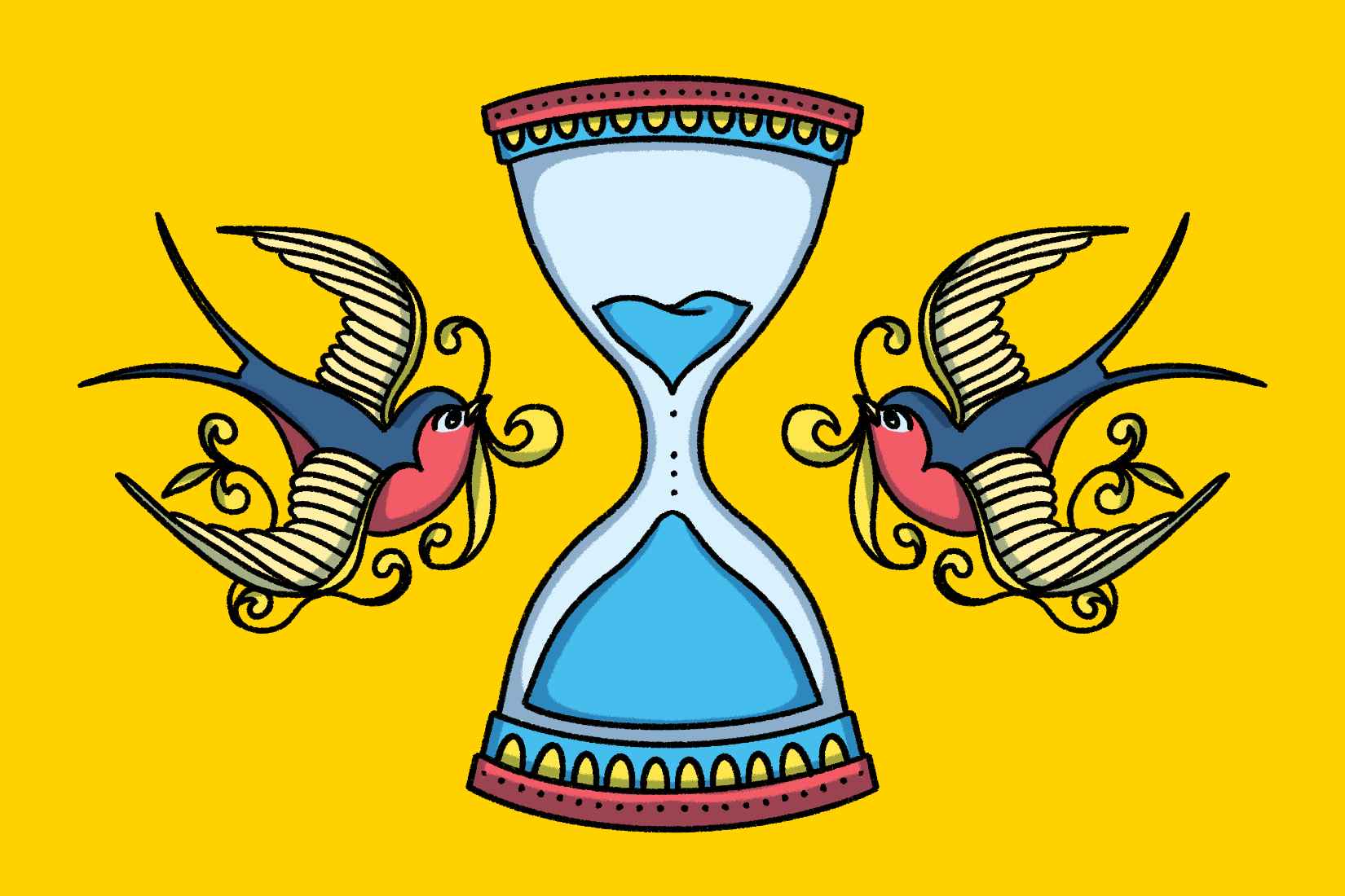 Illustration of hourglass with American Traditional sparrows to convey wait time between tattoos Time Between Tattoos: How Long Should a Tattoo Heal?