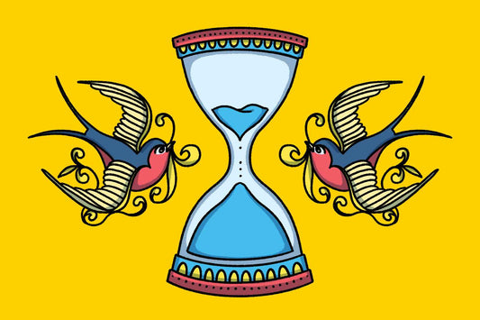Illustration of hourglass with American Traditional sparrows to convey wait time between tattoos