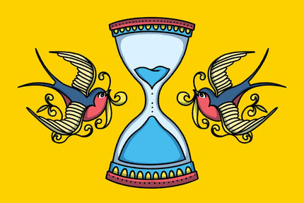 Illustration of hourglass with American Traditional sparrows to convey wait time between tattoos