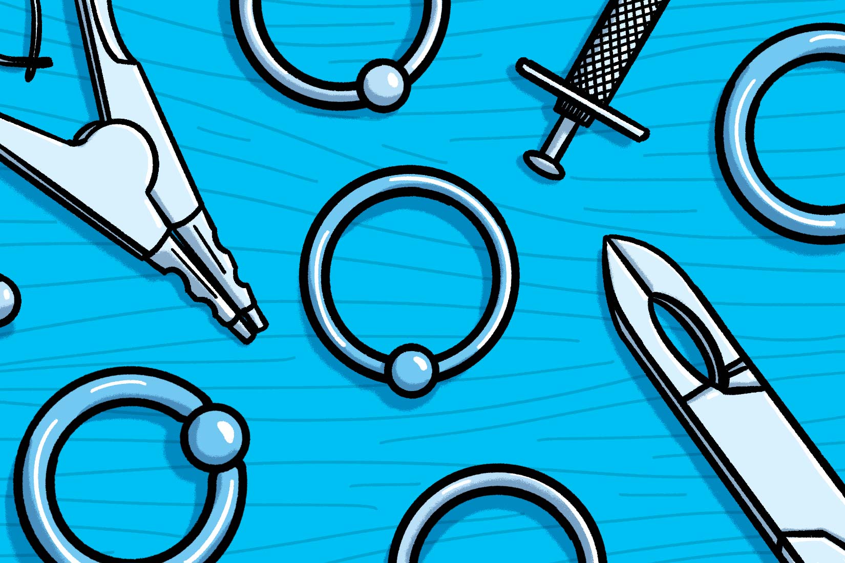 illustrated collage of piercing pliers and captive bead rings How to Change Captive Bead Rings