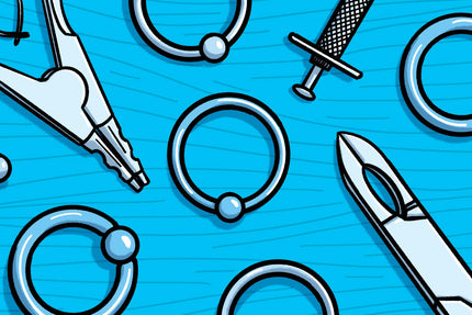 illustrated collage of piercing pliers and captive bead rings