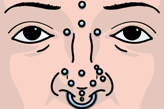 illustrated face with various types of nose piercings