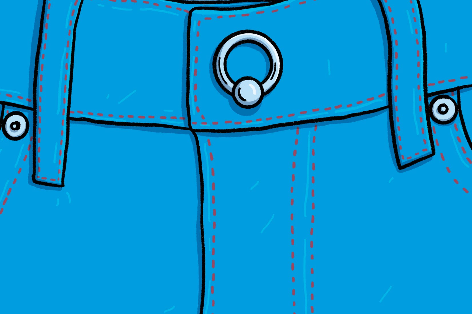 Illustration of zippered pants with captive bead ring button to indicate pierced genital regions Genital & Prince Albert Piercing Aftercare
