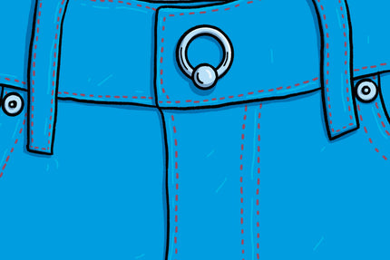 Illustration of zippered pants with captive bead ring button to indicate pierced genital regions