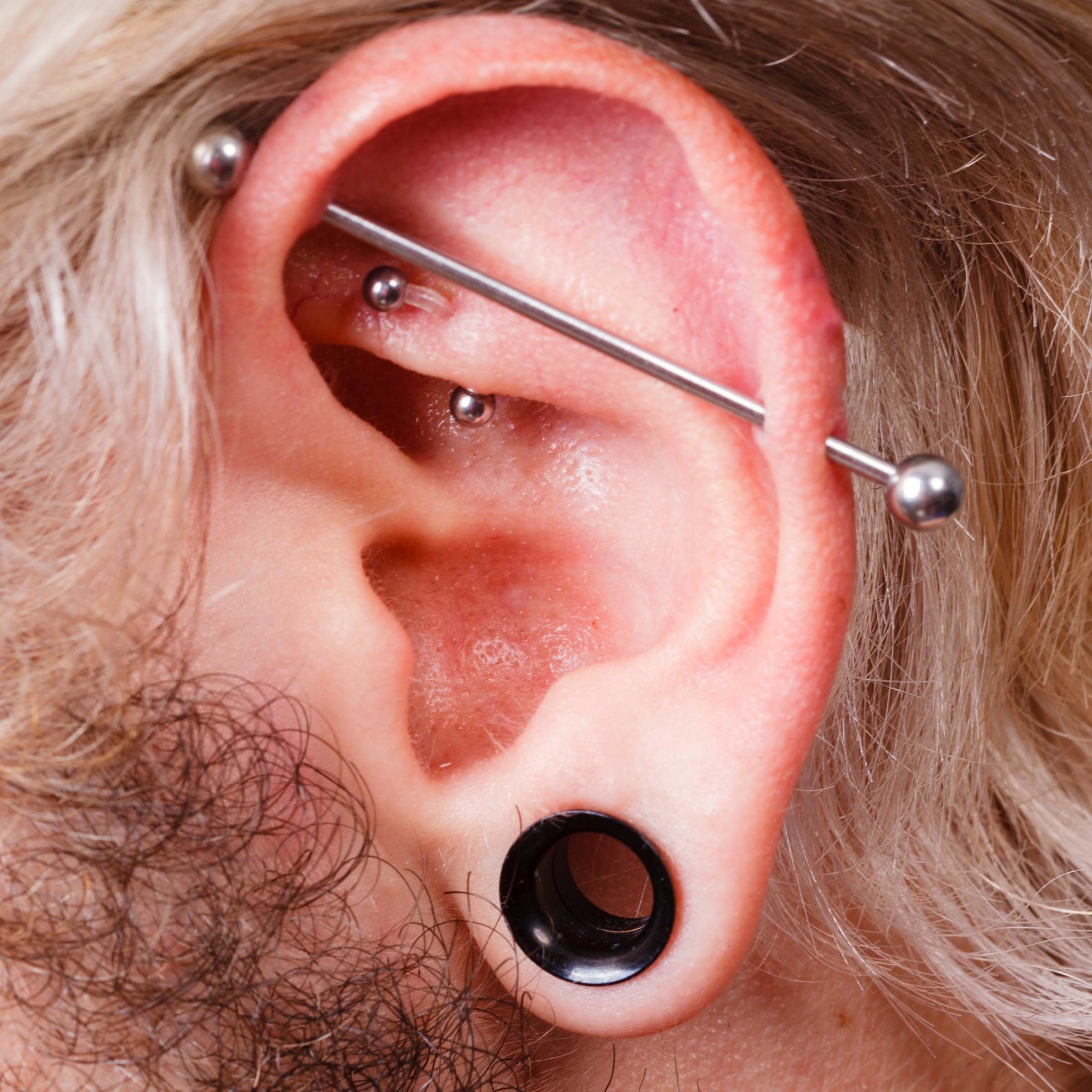 Close-up shot of a man's ear with an industrial barbell Industrial Piercings - Everything You Need To Know & FAQ