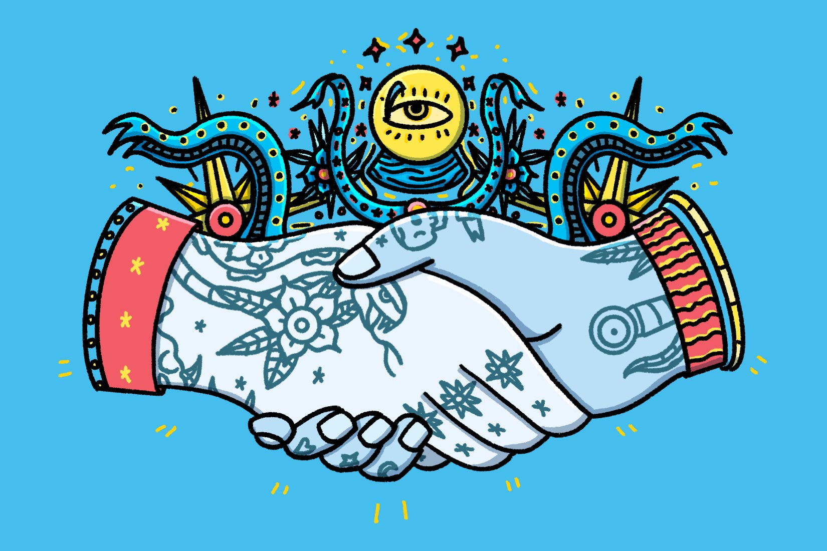 illustrative tattooed shaking hands below an all-seeing eye How to Become a Tattoo Artist with Apprenticeships