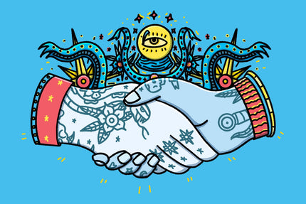 illustrative tattooed shaking hands below an all-seeing eye