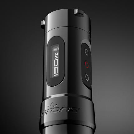 Close-up of an FK Irons PowerBolt II battery pack with 130 Hertz displayed