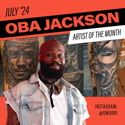 Headshot of tattoo artist Oba Jackson over top a collage of his work