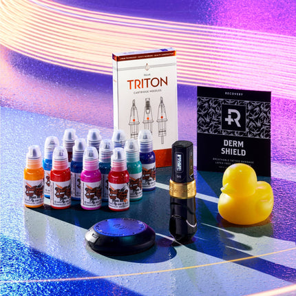 Image of tattoo convention supplies including Eternal tattoo ink, Peak Triton cartridge needles, Recovery Derm Shield, and the APOF tattooable Lucky Ducky