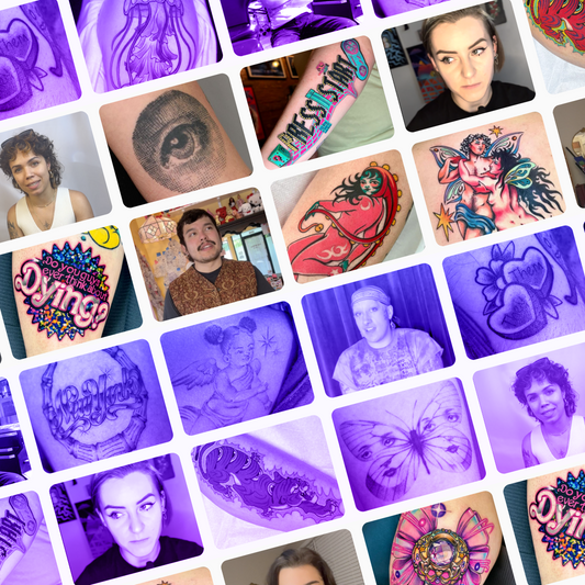 Collage of queer tattoo artist head shots, featuring all our highlighted artists for Pride month
