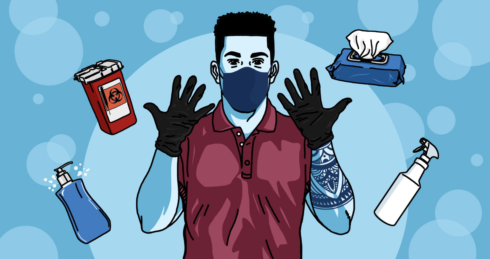 Tattoo artist with latex gloves and other essential PPE PPE in the Daily Life of a Tattoo Artist