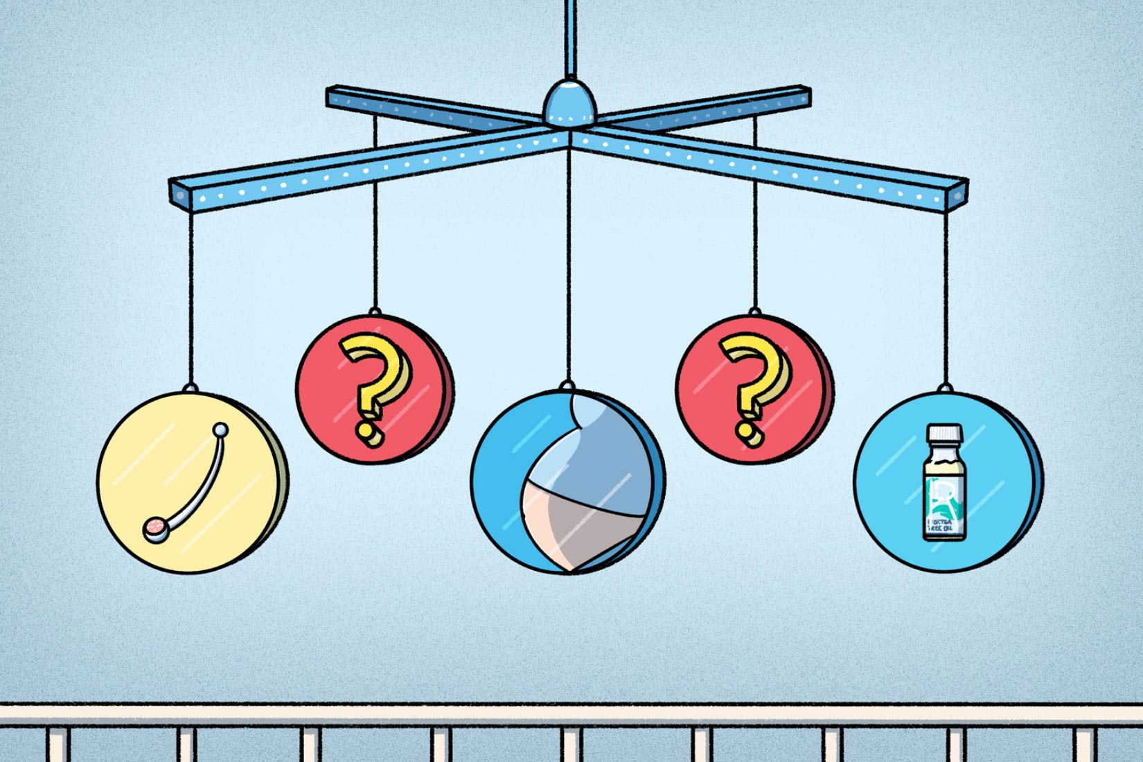 illustrated baby mobile with a pregnant belly icon, bent barbell, question marks, and piercing aftercare Caring for a Belly Button Piercing While Pregnant