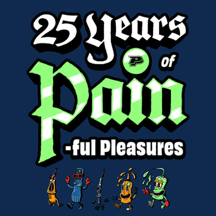 Group of tattoo supplies with human faces dancing under "25 Years of PainfulPleasures"