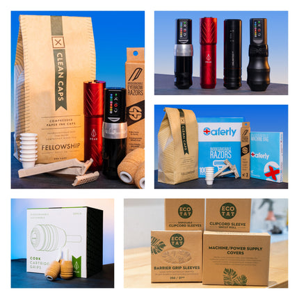 Collage of eco-friendly tattoo supplies