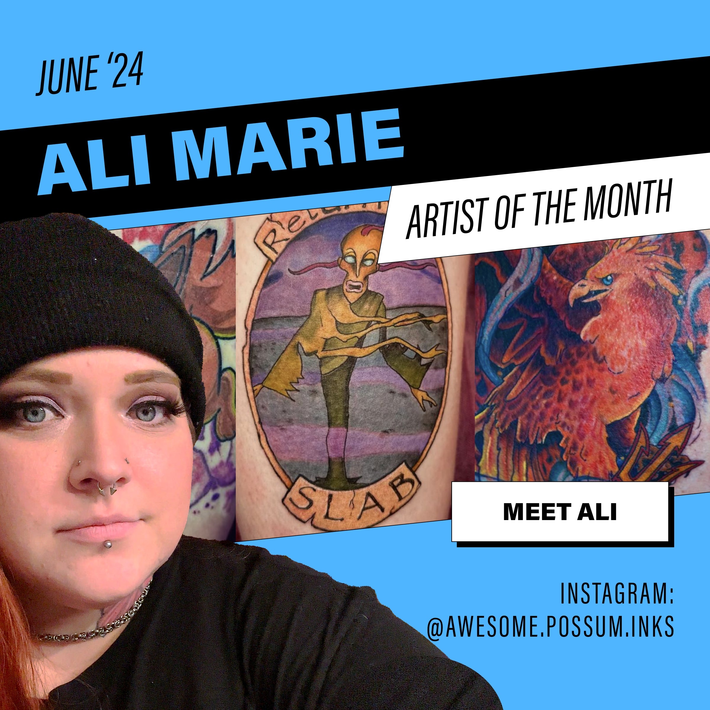 Headshot of Ali Marie with a montage of tattoos inthe background Setup Essentials for Color Tattooing with Ali Marie