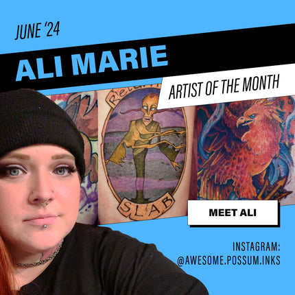 Headshot of Ali Marie with a montage of tattoos inthe background